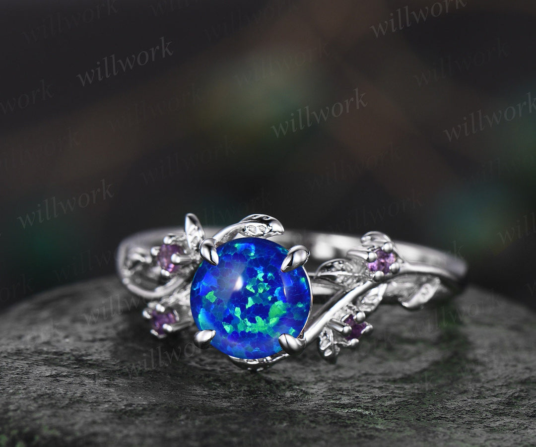 Vintage round blue opal engagement ring leaf 14k white gold ring branch twig nature inspired five stone amethyst bridal wedding ring women