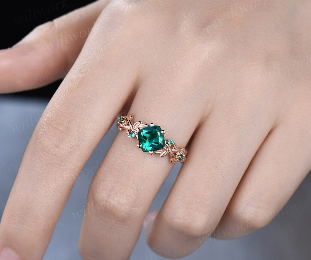Twig cushion cut green emerald engagement ring 14k white gold five stone emerald ring vintage retro gemstone leaf wedding ring women gift