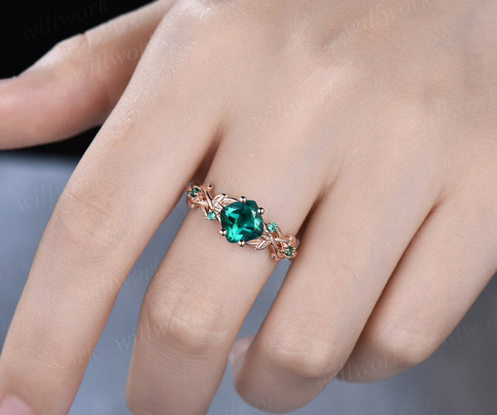 Twig cushion cut green emerald engagement ring 14k white gold five stone emerald ring vintage retro gemstone leaf wedding ring women gift