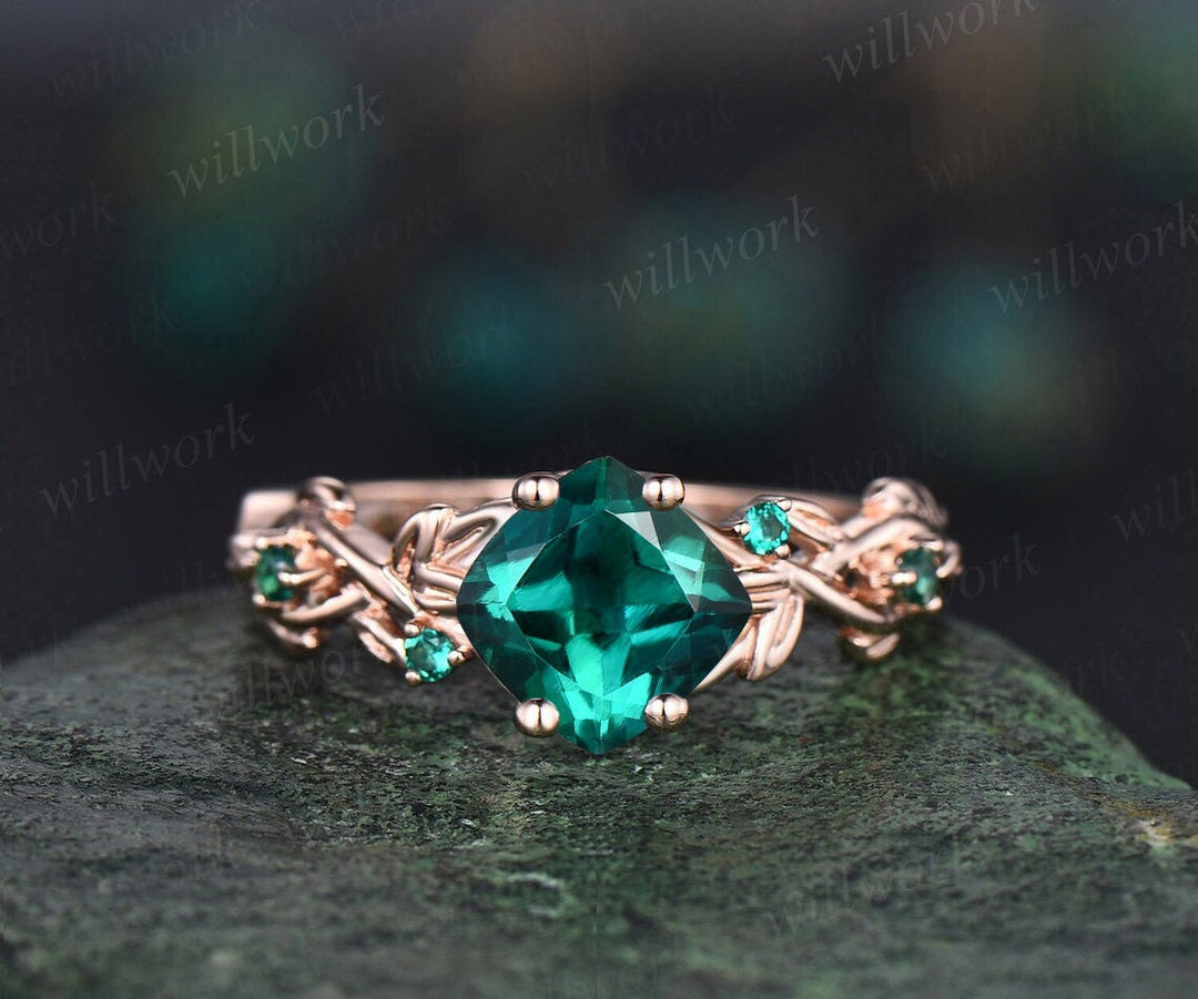 Twig cushion cut green emerald engagement ring 14k white gold five stone emerald ring vintage retro gemstone leaf wedding ring women gift