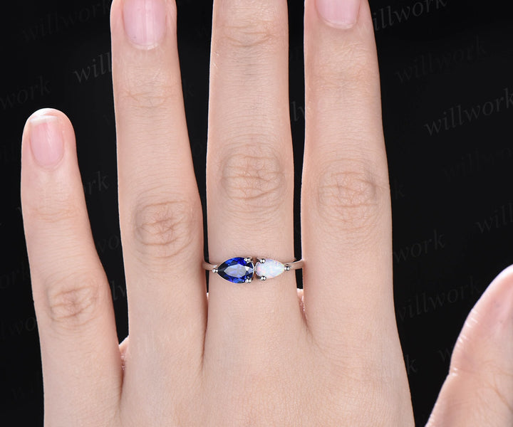 Toi et Moi pear sapphire ring white gold white opal ring vintage Minimalist unique engagement ring dainty gemstone anniversary ring women