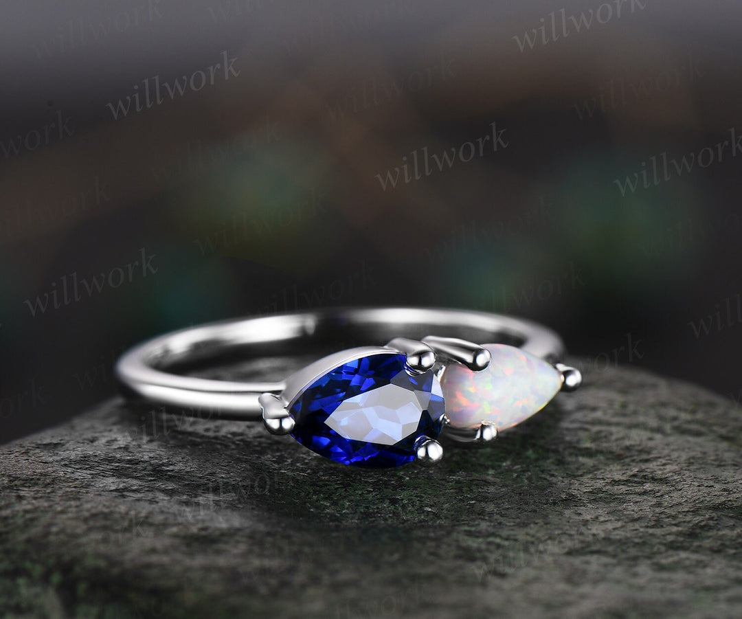 Toi et Moi pear sapphire ring white gold white opal ring vintage Minimalist unique engagement ring dainty gemstone anniversary ring women