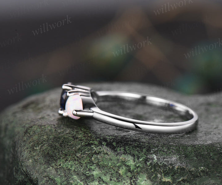 Toi et Moi pear sapphire ring white gold white opal ring vintage Minimalist unique engagement ring dainty gemstone anniversary ring women