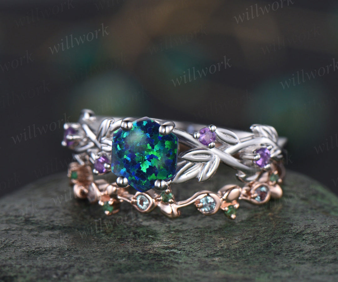 Hexagon black opal ring vintage white gold amethyst ring women twig leaf engagement ring gemstone alexandrite emerald wedding ring set band