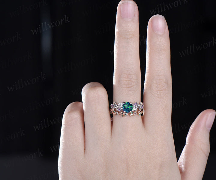 Hexagon black opal ring vintage white gold amethyst ring women twig leaf engagement ring gemstone alexandrite emerald wedding ring set band