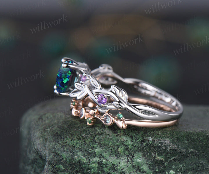 Hexagon black opal ring vintage white gold amethyst ring women twig leaf engagement ring gemstone alexandrite emerald wedding ring set band