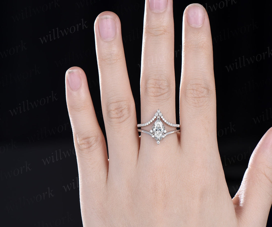 Vintage marquise cut moissanite engagement ring solid 14k white gold cluster diamond bridal wedding ring set women retro  claw 6 prong ring