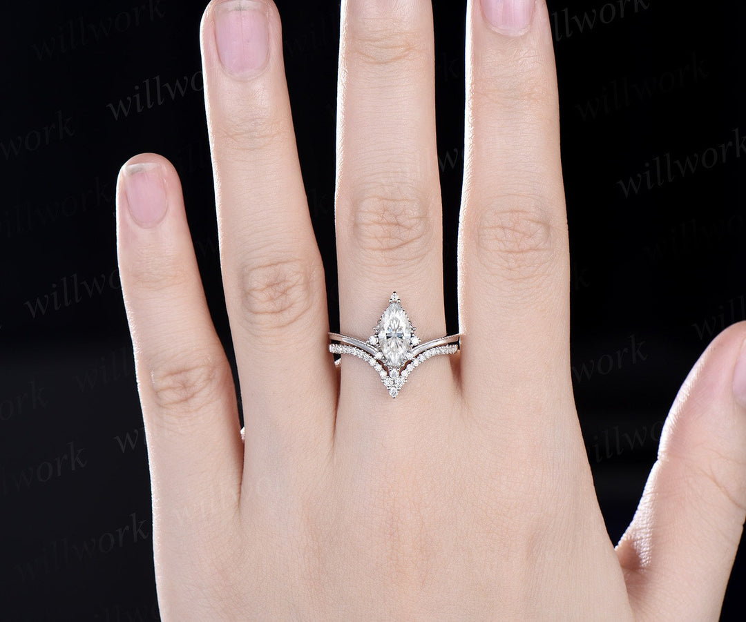Vintage marquise cut moissanite engagement ring solid 14k white gold cluster diamond bridal wedding ring set women retro  claw 6 prong ring