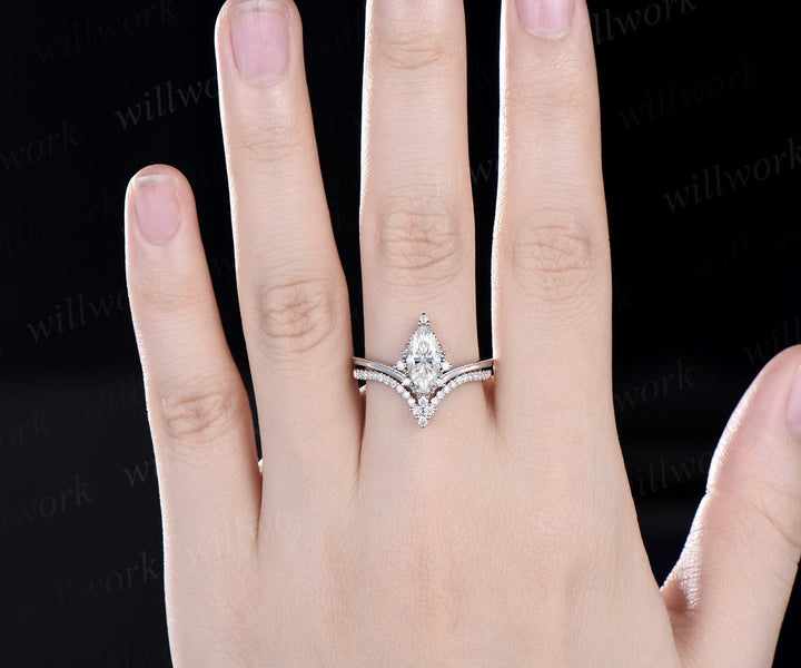 Vintage marquise cut moissanite engagement ring solid 14k white gold cluster diamond bridal wedding ring set women retro  claw 6 prong ring