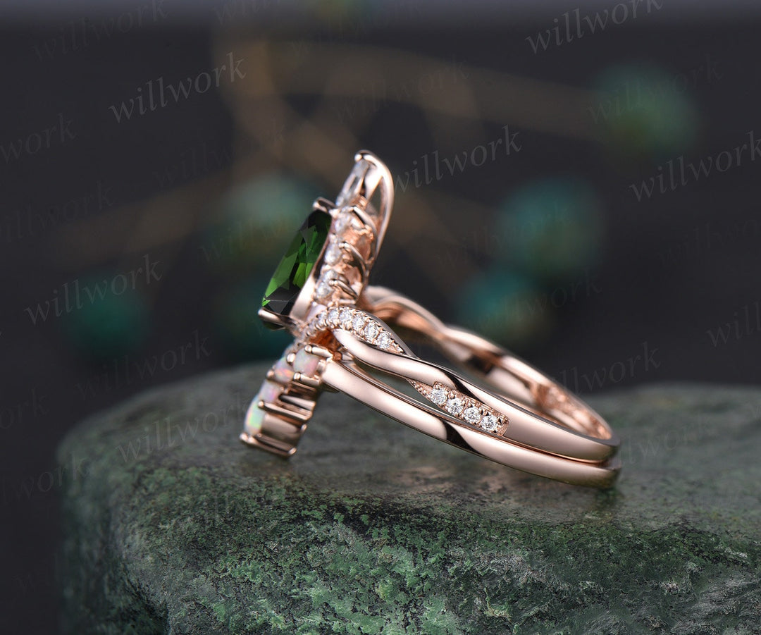 Pear green Tourmaline ring rose gold Twisted halo moissanite ring art deco opal ring women unique engagement ring antique bridal set gift