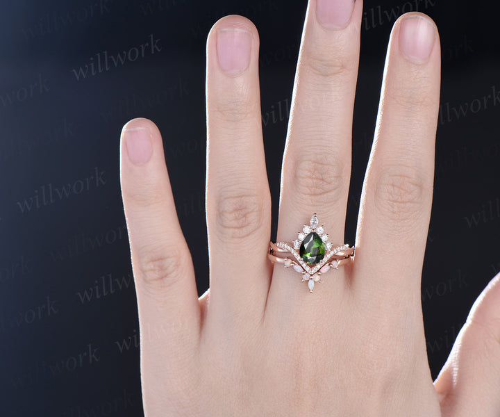 Pear green Tourmaline ring rose gold Twisted halo moissanite ring art deco opal ring women unique engagement ring antique bridal set gift