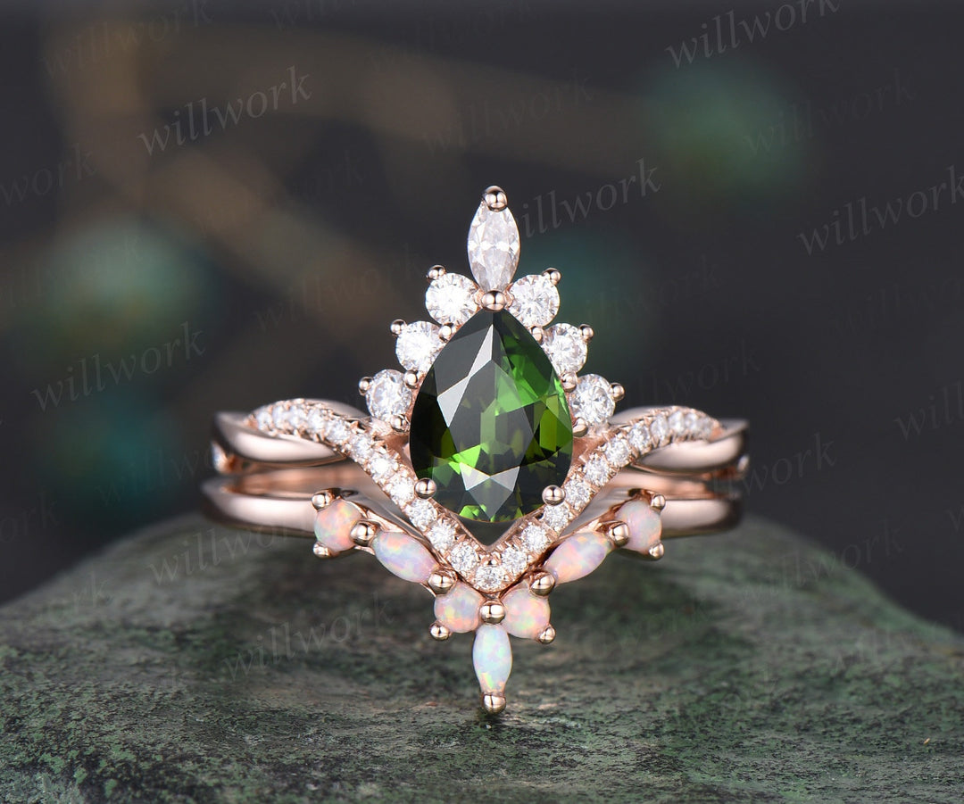 Pear green Tourmaline ring rose gold Twisted halo moissanite ring art deco opal ring women unique engagement ring antique bridal set gift