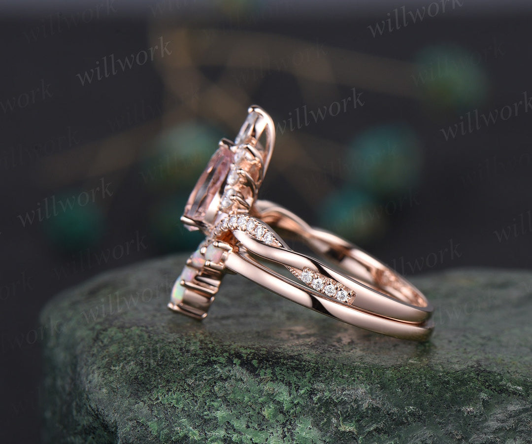 Pear pink morganite ring rose gold Twisted halo moissanite ring art deco opal ring women unique engagement ring bridal set fine jewelry