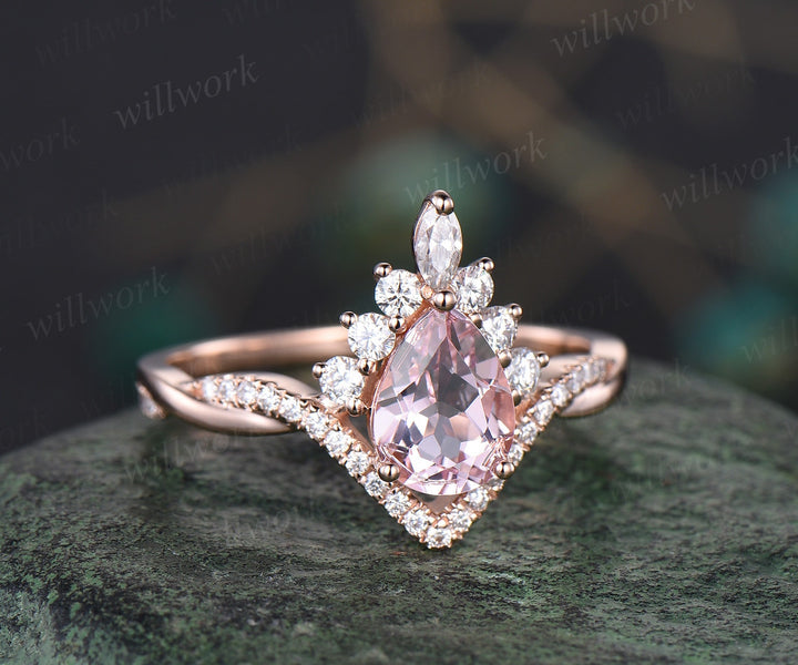 Pear pink morganite ring rose gold Twisted halo moissanite ring art deco opal ring women unique engagement ring bridal set fine jewelry