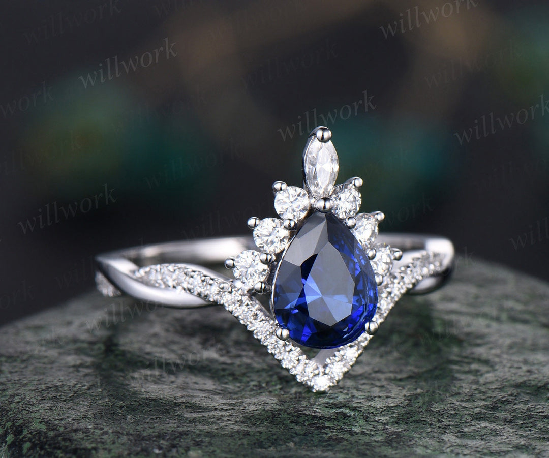 Pear blue sapphire ring rose gold Twisted halo moissanite ring art deco opal ring women unique engagement ring vintage marquise bridal set