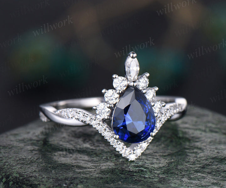 Pear blue sapphire ring rose gold Twisted halo moissanite ring art deco opal ring women unique engagement ring vintage marquise bridal set