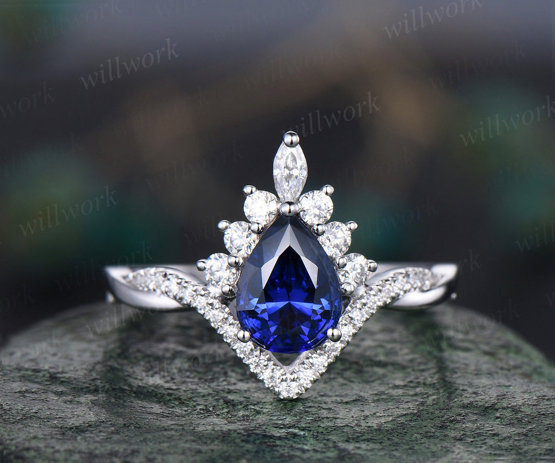 Pear blue sapphire ring rose gold Twisted halo moissanite ring art deco opal ring women unique engagement ring vintage marquise bridal set