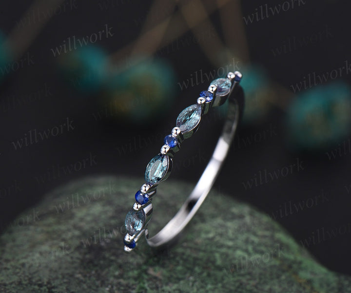 Marquise cut alexandrite wedding band 14k white gold natural sapphire ring vintage art deco wedding ring dainty anniversary ring gift