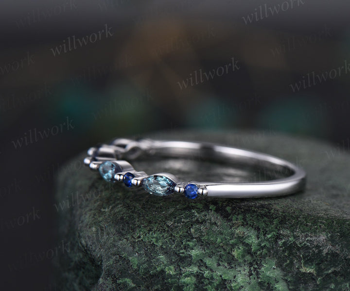 Marquise cut alexandrite wedding band 14k white gold natural sapphire ring vintage art deco wedding ring dainty anniversary ring gift