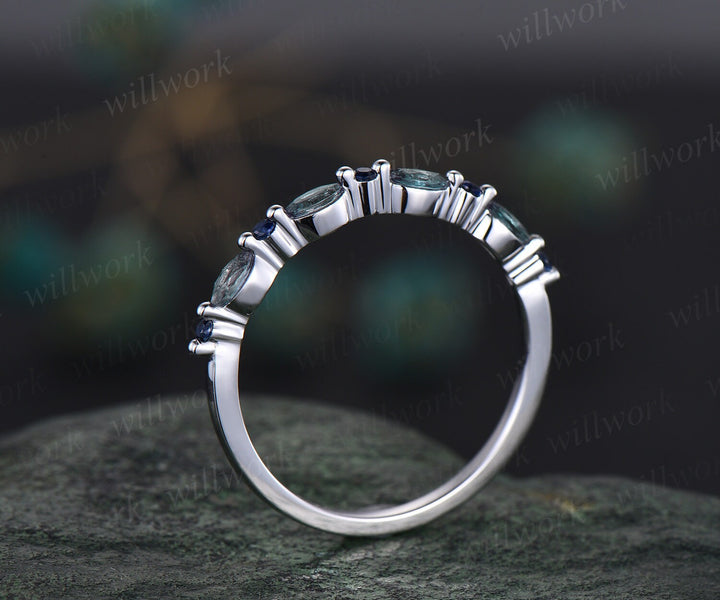Marquise cut alexandrite wedding band 14k white gold natural sapphire ring vintage art deco wedding ring dainty anniversary ring gift