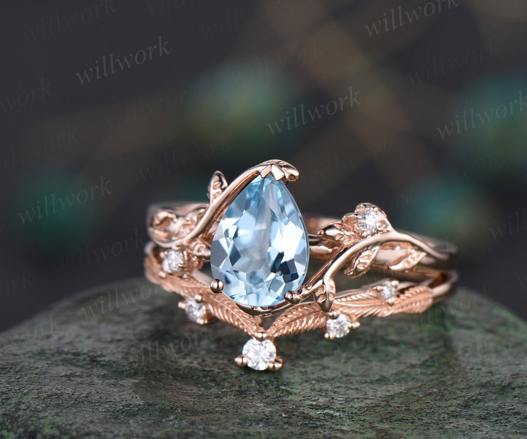 Pear shaped natural aquamarine ring rose gold leaf nature inspired unique engagement ring women antique promise wedding bridal ring set gift