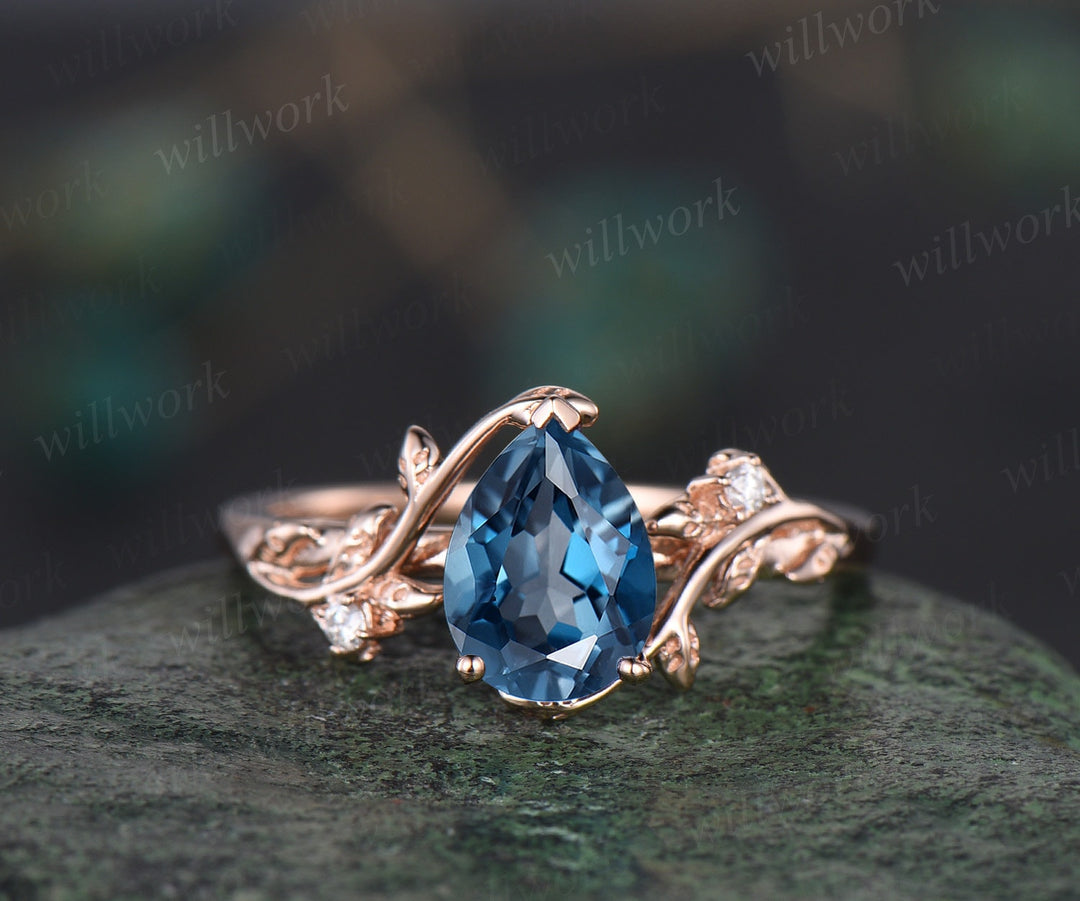 Vintage pear shaped London blue topaz engagement ring rose gold leaf nature inspired diamond bridal set women unique wedding ring gemstone