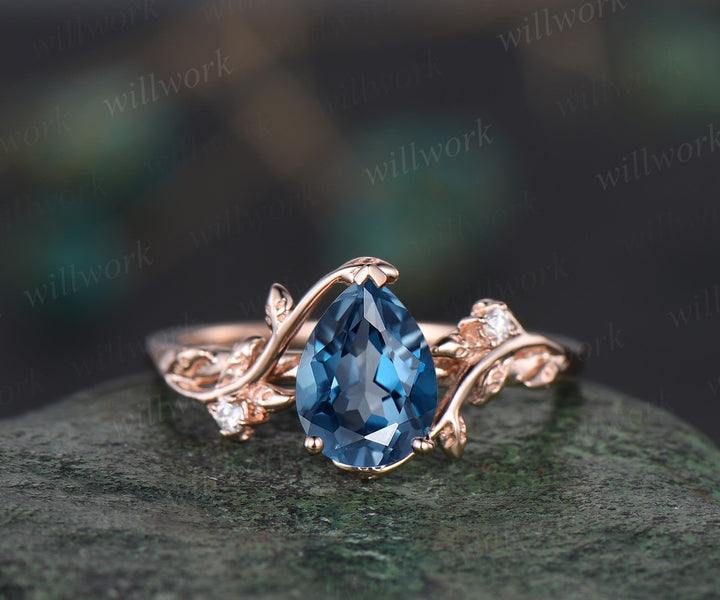 Vintage pear shaped London blue topaz engagement ring rose gold leaf nature inspired diamond bridal set women unique wedding ring gemstone