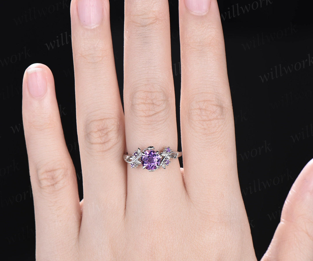 Vintage 1ct round purple amethyst engagement ring leaf 14k white gold ring branch twig nature inspired five stone bridal wedding ring women