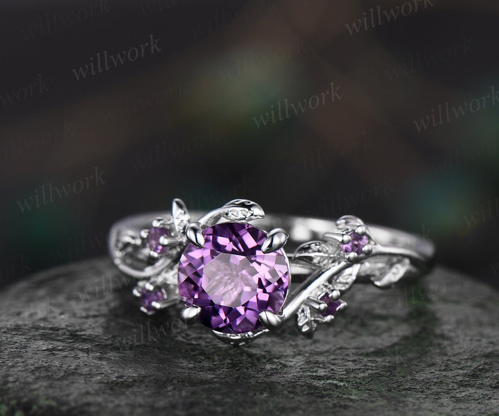 Vintage 1ct round purple amethyst engagement ring leaf 14k white gold ring branch twig nature inspired five stone bridal wedding ring women