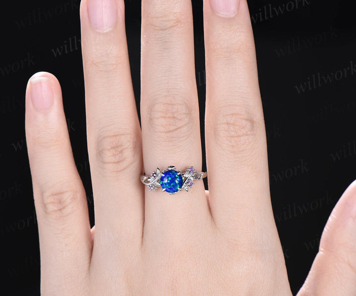 Vintage round blue opal engagement ring leaf 14k white gold ring branch twig nature inspired five stone amethyst bridal wedding ring women