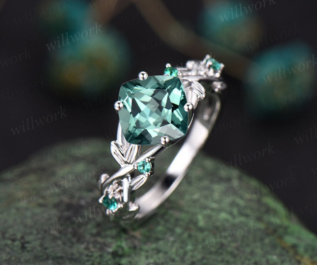 Twig cushion cut green sapphire engagement ring 14k white gold five stone emerald ring vintage retro gemstone leaf wedding ring women gift