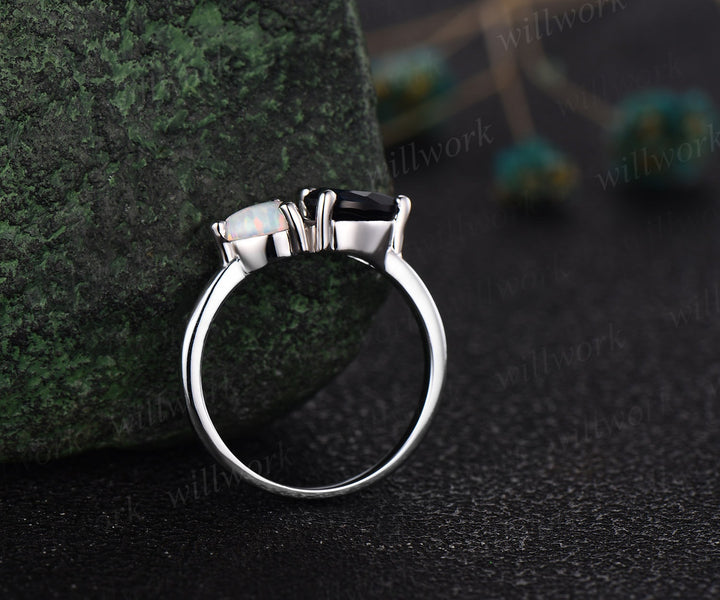Toi et Moi pear sapphire ring white gold white opal ring vintage Minimalist unique engagement ring dainty gemstone anniversary ring women
