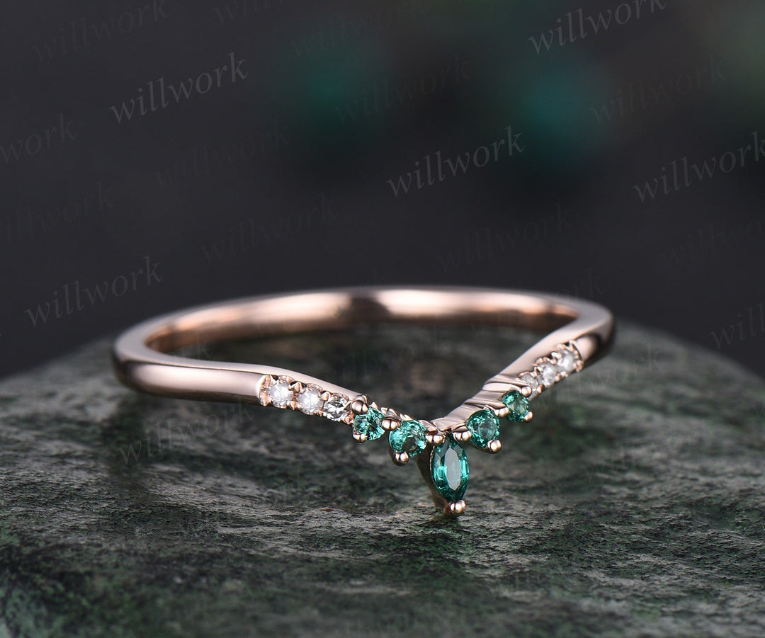 Curved marquise emerald wedding band 14k rose gold moissanite wedding ring band Statement stacking ring women May birthstone ring gift