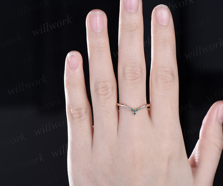 Curved marquise emerald wedding band 14k rose gold moissanite wedding ring band Statement stacking ring women May birthstone ring gift