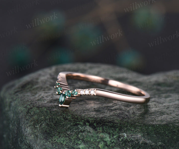 Curved marquise emerald wedding band 14k rose gold moissanite wedding ring band Statement stacking ring women May birthstone ring gift