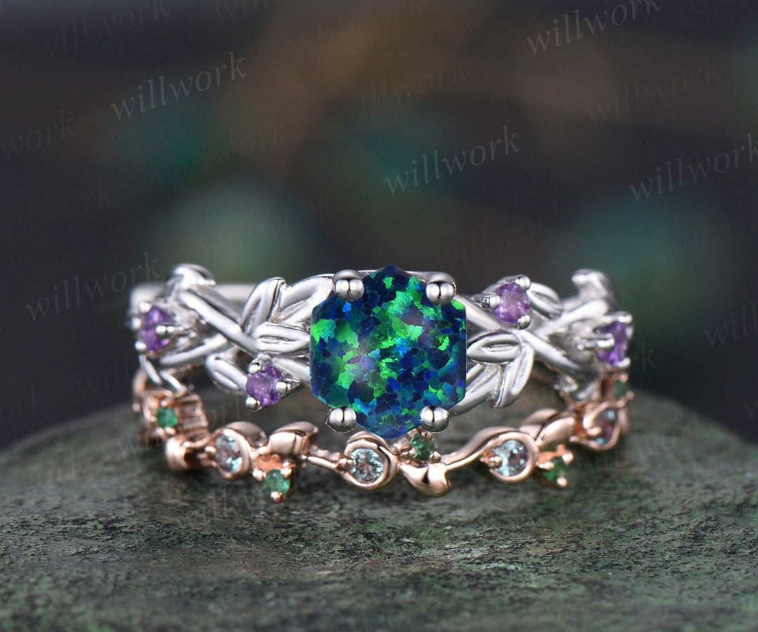 Hexagon black opal ring vintage white gold amethyst ring women twig leaf engagement ring gemstone alexandrite emerald wedding ring set band