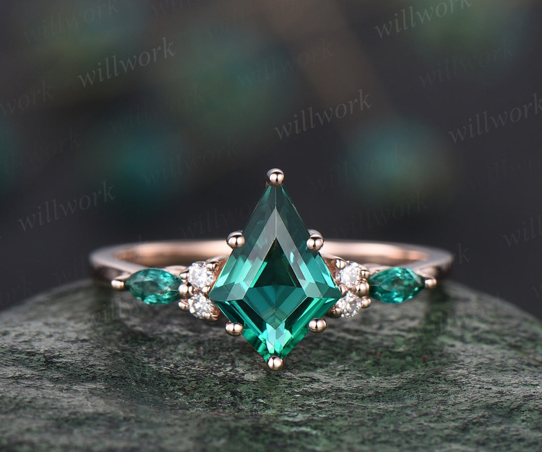8x11mm kite cut green emerald ring solid 14k rose gold emerald engagement ring vintage diamond ring women promise wedding bridal ring set