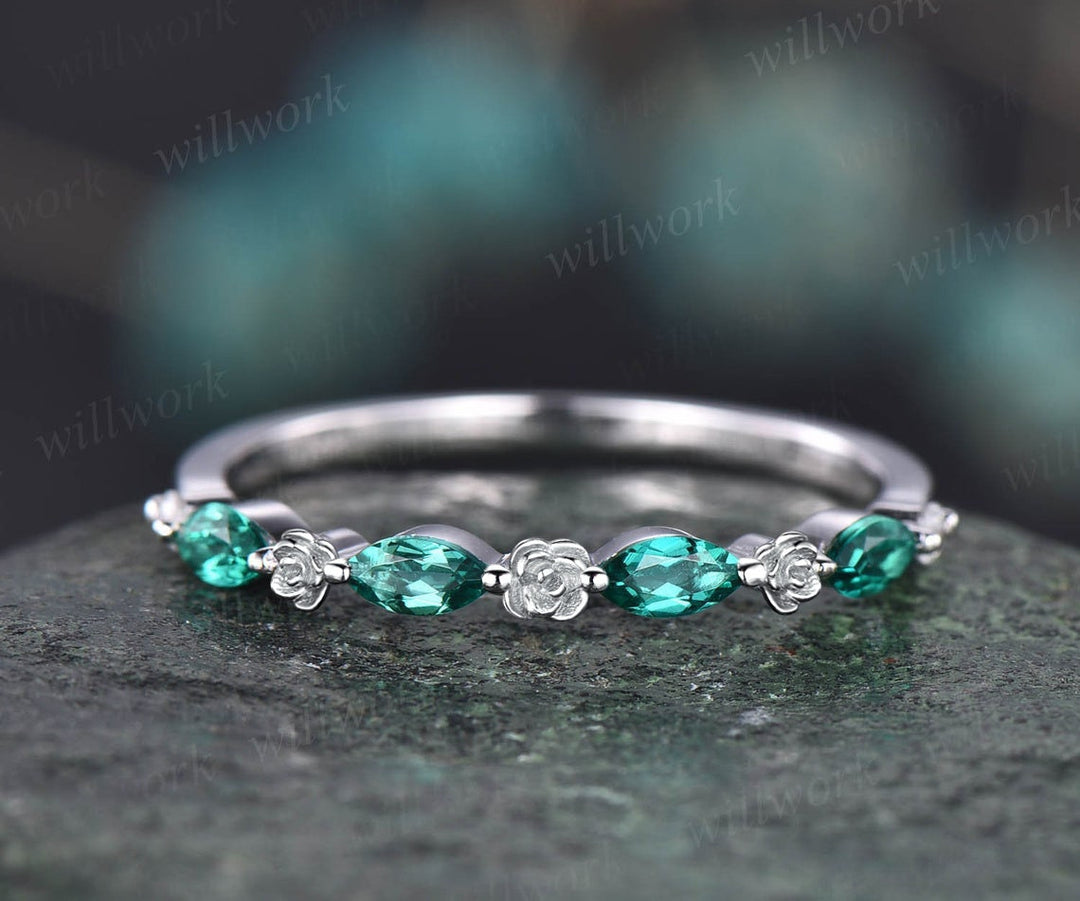 Flower marquise cut emerald wedding band solid 14k rose gold half eternity stacking wedding ring art deco bridal anniversary ring gift