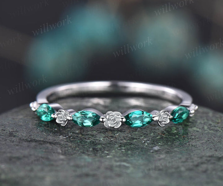 Flower marquise cut emerald wedding band solid 14k rose gold half eternity stacking wedding ring art deco bridal anniversary ring gift