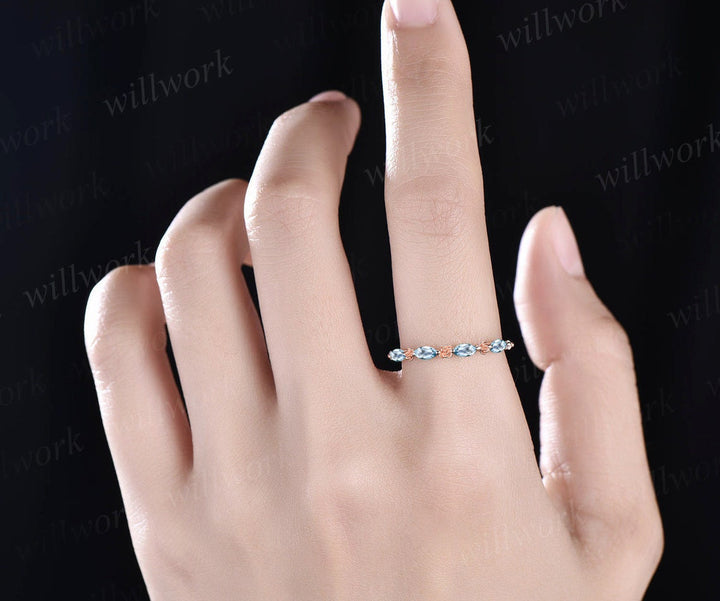 Flower marquise cut Aquamarine wedding band solid 14k rose gold half eternity stacking wedding ring art deco bridal anniversary ring gift