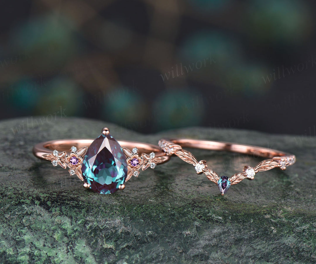 Vintage pear alexandrite engagement ring rose gold leaf flower amethyst ring women unique cluster diamond bridal wedding ring set gift