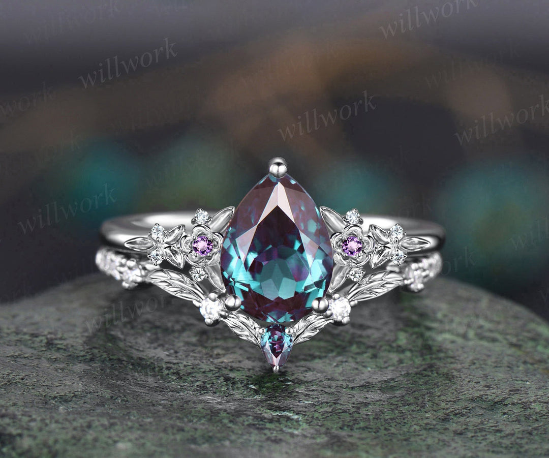 Vintage pear alexandrite engagement ring rose gold leaf flower amethyst ring women unique cluster diamond bridal wedding ring set gift