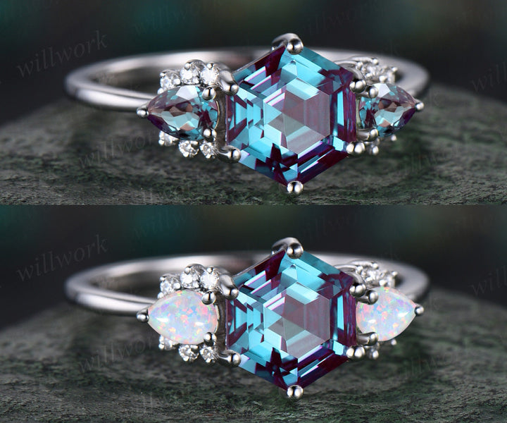 Vintage Hexagon Alexandrite engagement ring 14k white gold pear moonstone amethyst ring women unique Personalized wedding bridal ring gift