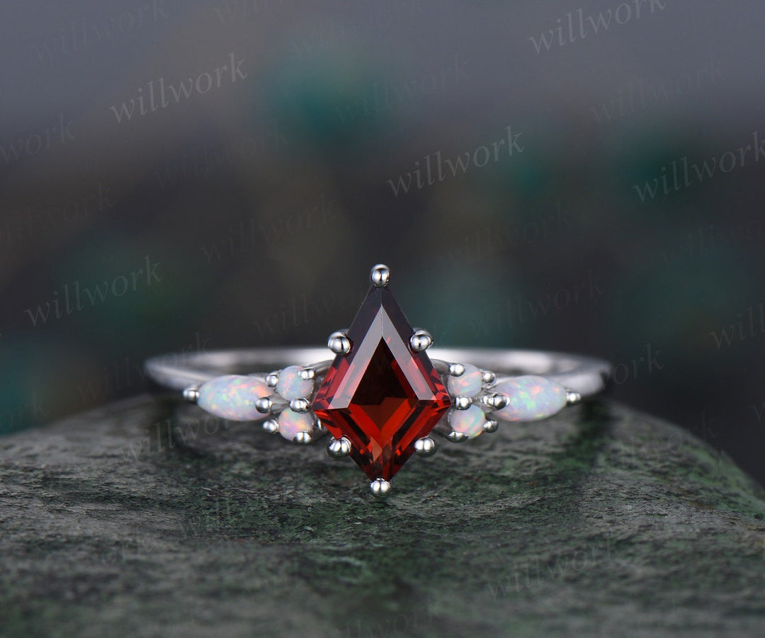 Kite red garnet ring vintage marquise opal ring 6 prong gemstone engagement ring moissanite garnet wedding band women 14k white gold silver