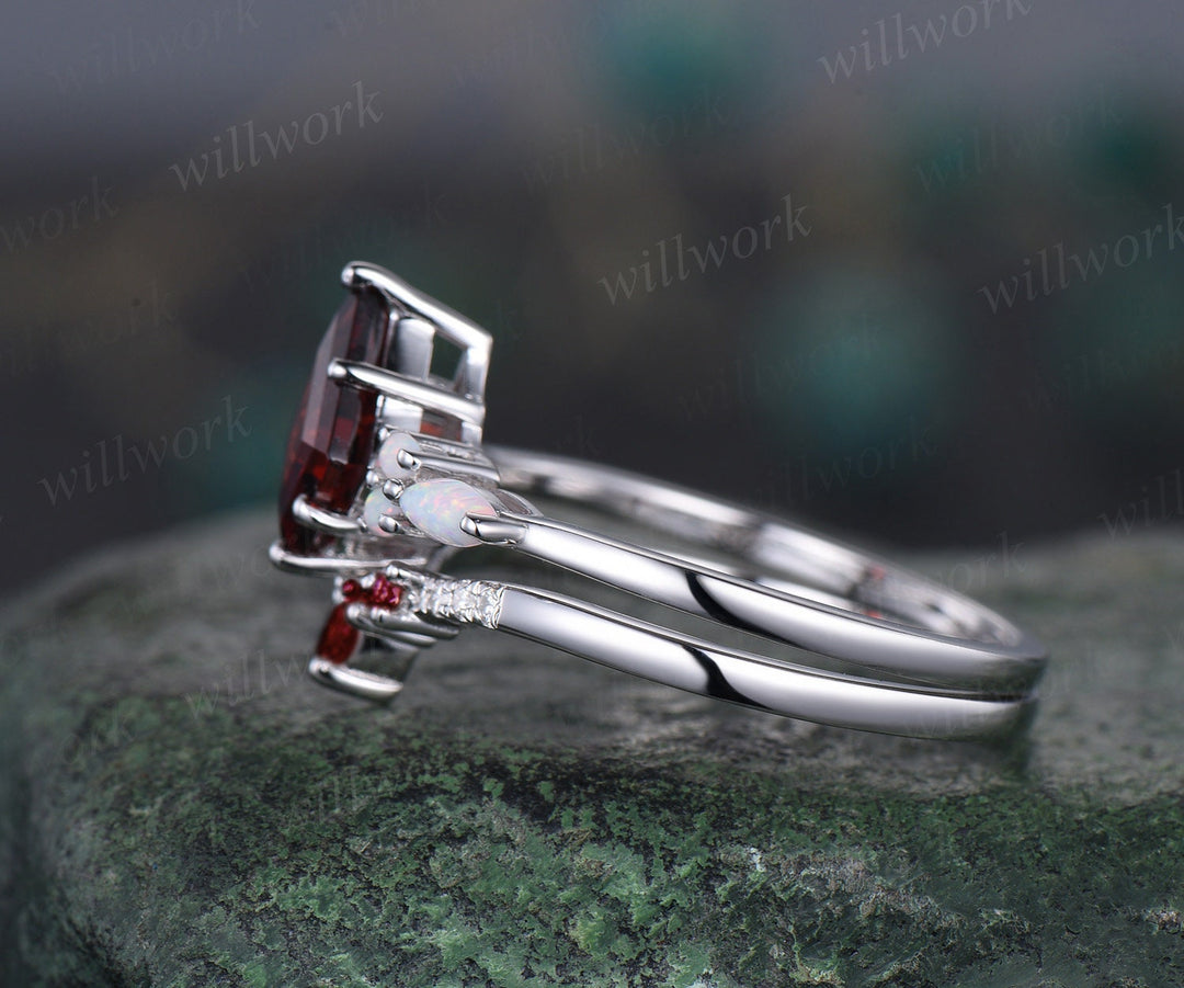 Kite red garnet ring vintage marquise opal ring 6 prong gemstone engagement ring moissanite garnet wedding band women 14k white gold silver