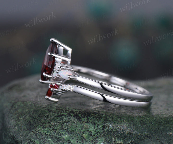 Kite red garnet ring vintage marquise opal ring 6 prong gemstone engagement ring moissanite garnet wedding band women 14k white gold silver