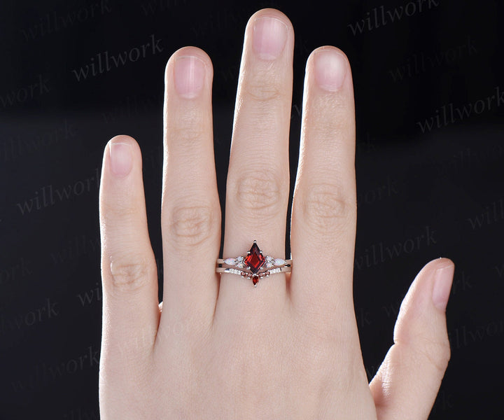 Kite red garnet ring vintage marquise opal ring 6 prong gemstone engagement ring moissanite garnet wedding band women 14k white gold silver