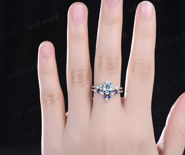 Oval Aquamarine ring vintage natural sapphire ring solid 14k white gold marquise moissanite ring unique engagement ring bridal set women