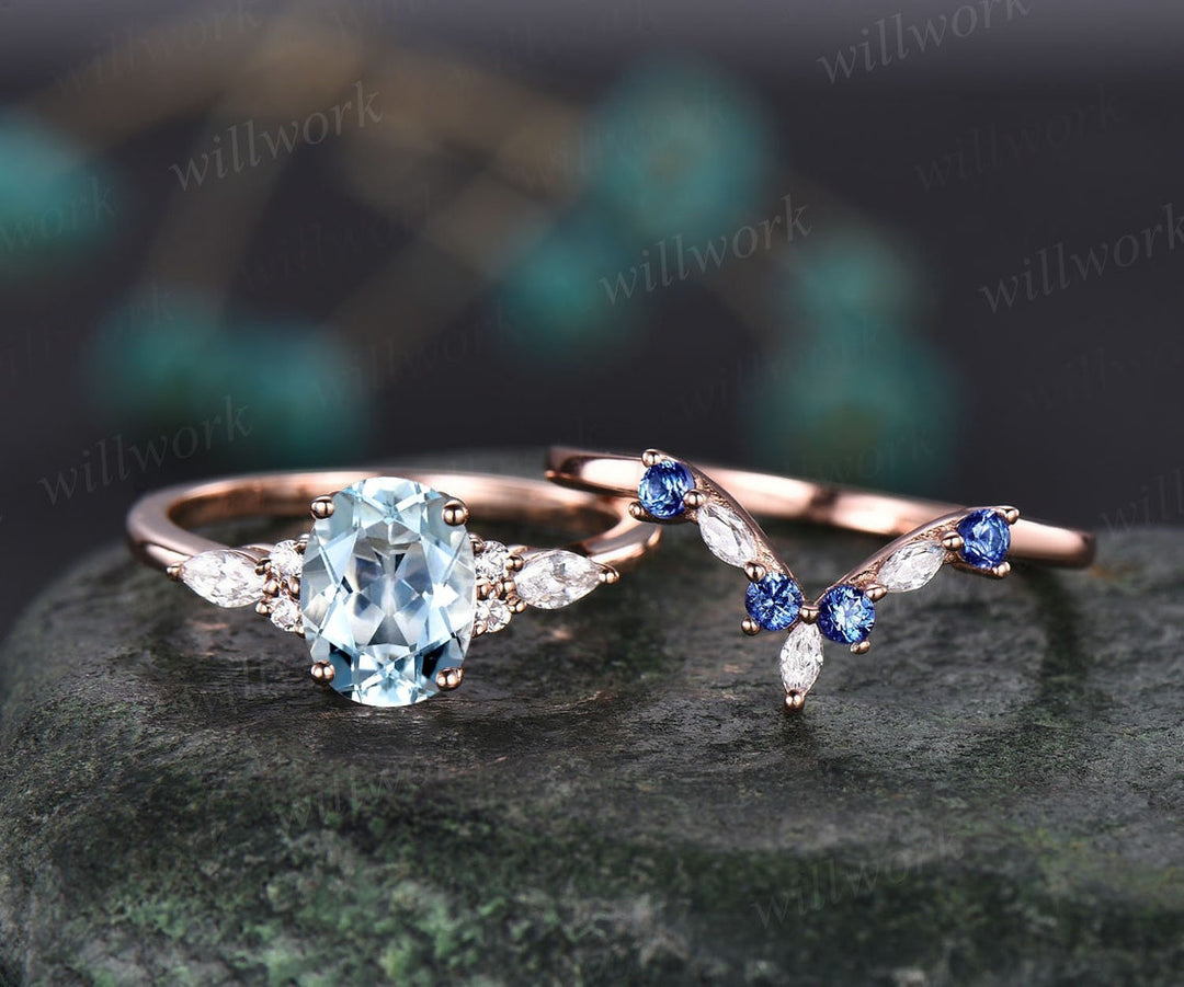 Oval Aquamarine ring vintage natural sapphire ring solid 14k white gold marquise moissanite ring unique engagement ring bridal set women