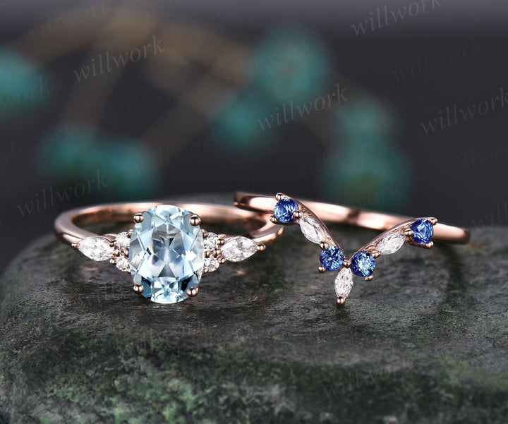 Oval Aquamarine ring vintage natural sapphire ring solid 14k white gold marquise moissanite ring unique engagement ring bridal set women